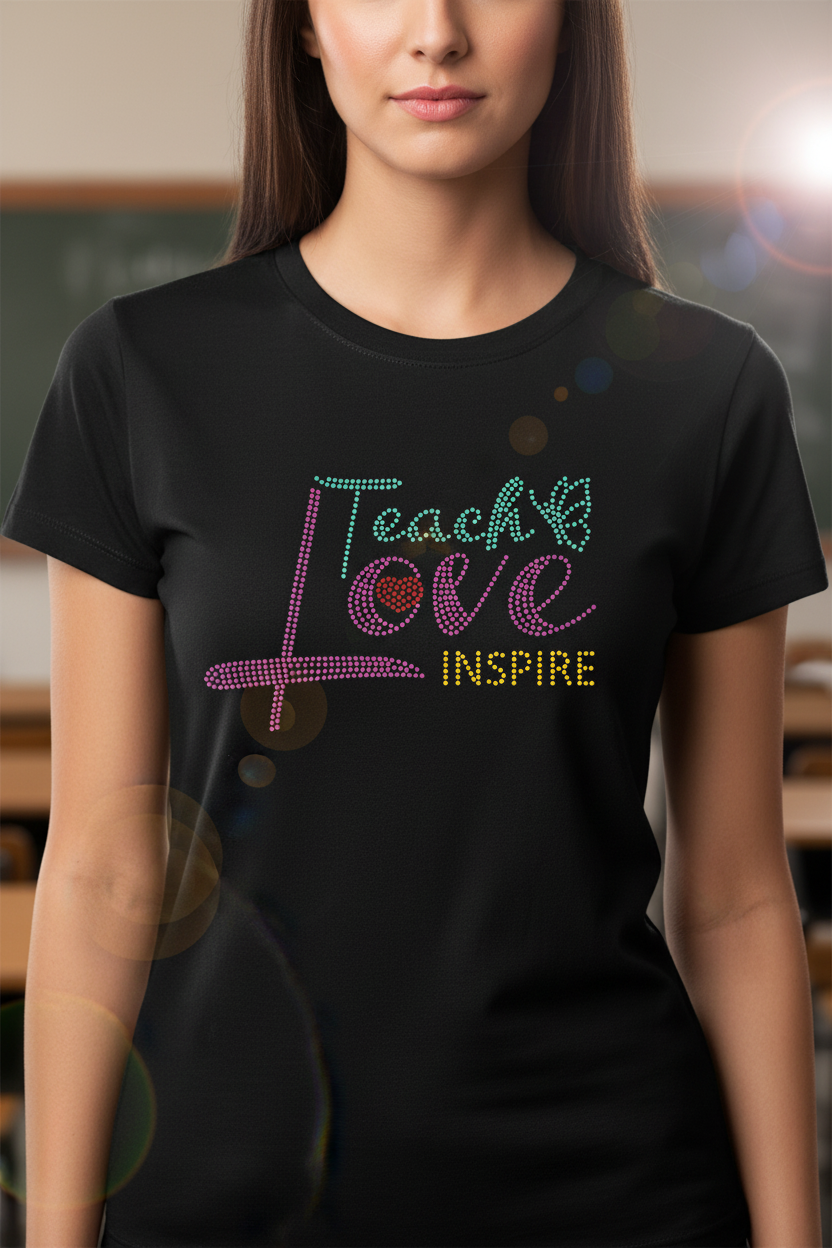 A woman wearing a black short-sleeve t-shirt with a colorful graphic on the chest that reads 'Teach Love INSPIRE' in pink, purple, teal, and yellow glitter-style lettering.