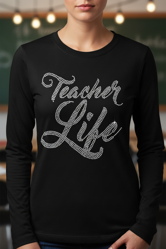 Black rhinestone teacher slogan long-sleeve T-shirt with 'Teacher Life' front print