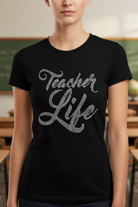 Black rhinestone teacher slogan short-sleeve T-shirt with 'Teacher Life' bling front