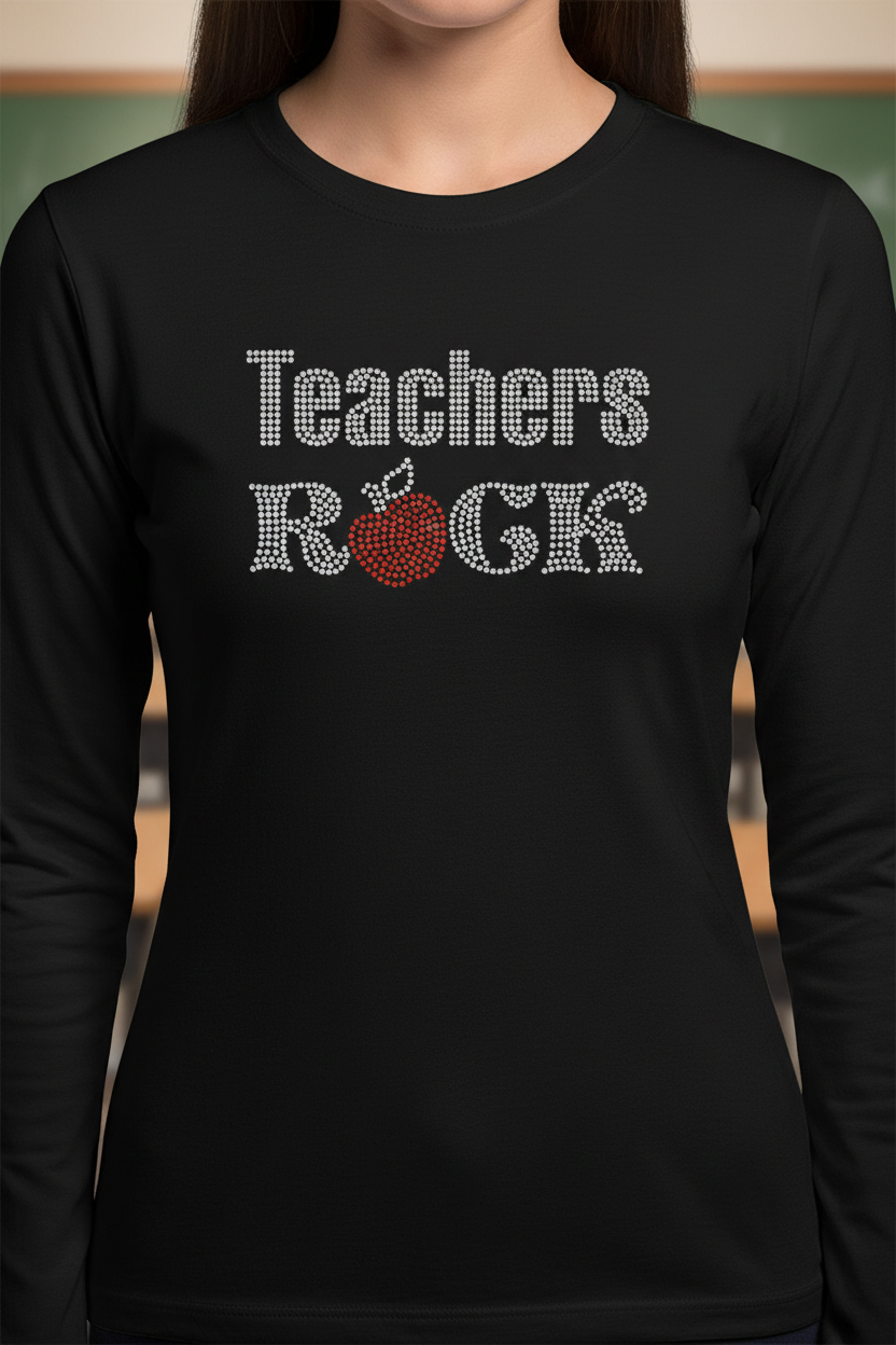 Black long-sleeve T-shirt with rhinestone 'Teachers Rock' lettering and apple