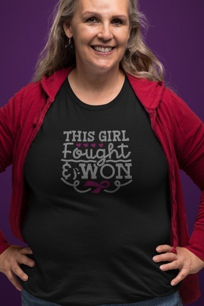 Breast Cancer Survivor Rhinestone T-Shirt – “This Girl Fought and Won” Sparkle Awareness Tee for Women by Blingdazzel