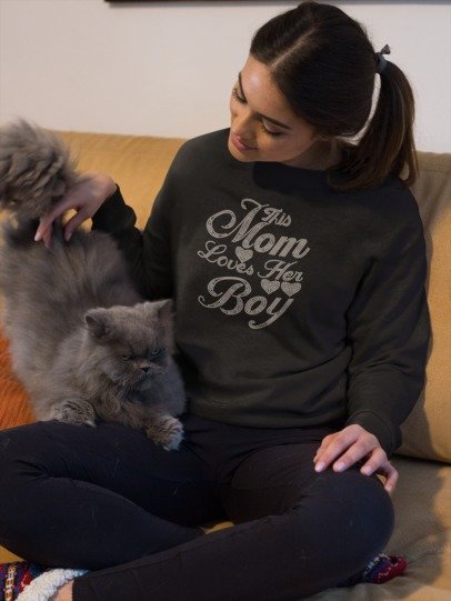 Black long-sleeve rhinestone shirt with 'Mom Loves Her Boy' front script