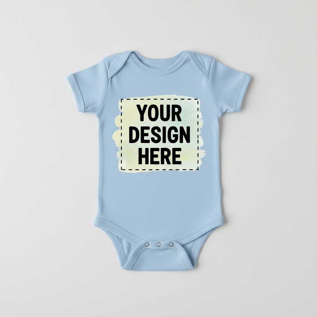 Light blue short-sleeve baby onesie with 'YOUR DESIGN HERE' square print