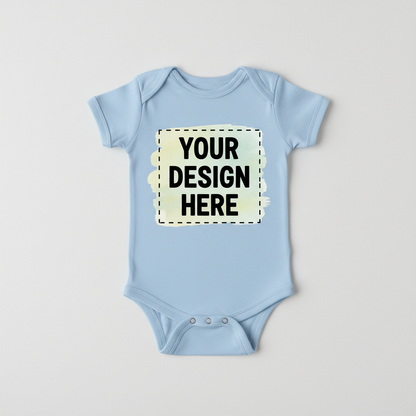 Light blue short-sleeve baby onesie with 'YOUR DESIGN HERE' square print