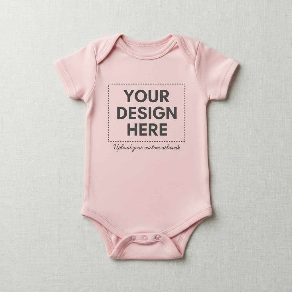 Pink short-sleeve baby onesie with 'YOUR DESIGN HERE' front print