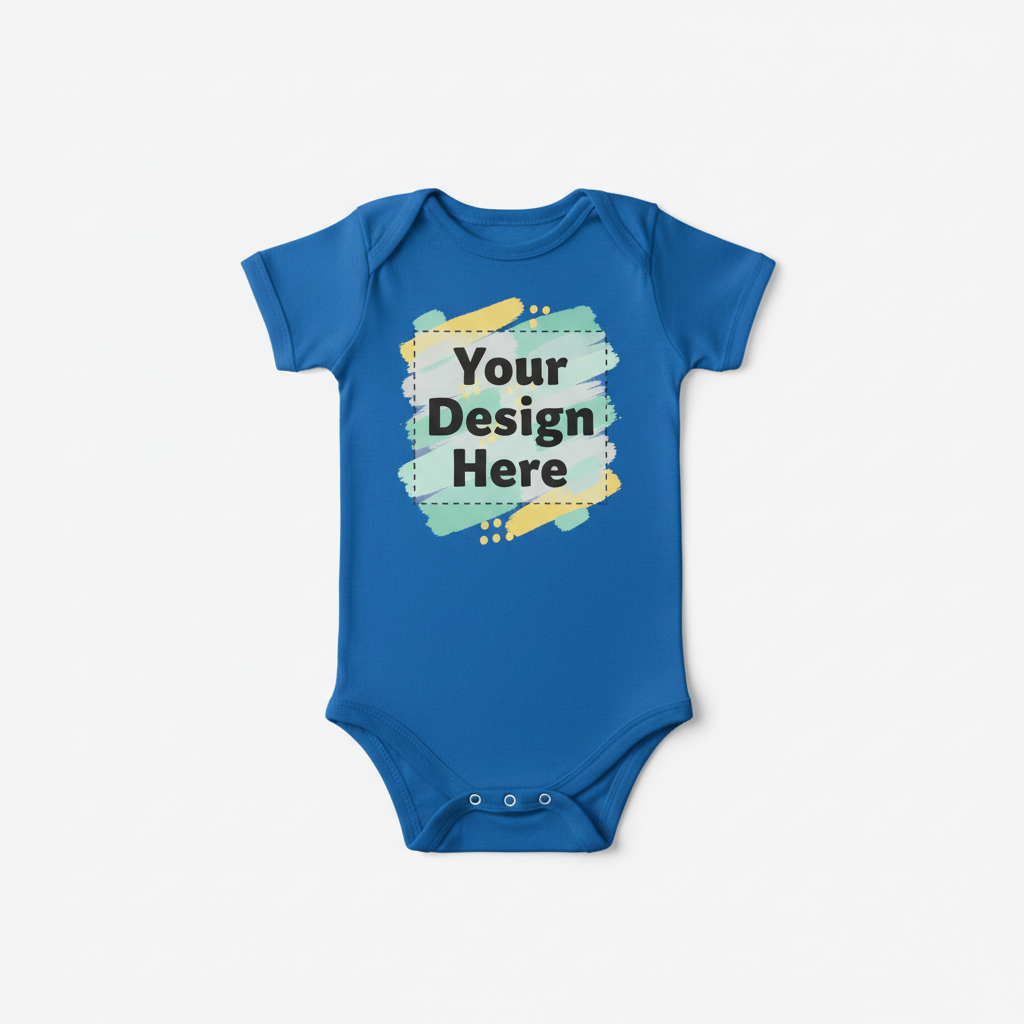 Blue short-sleeve baby onesie with colorful 'Your Design Here' graphic