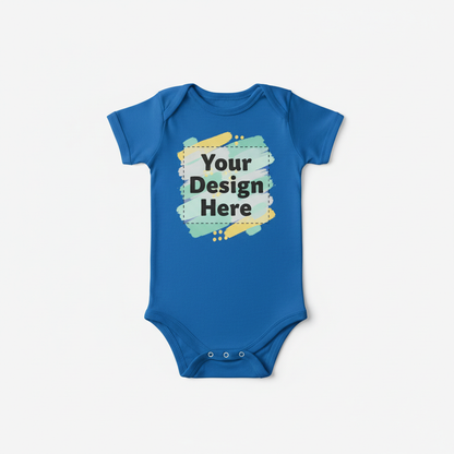 Blue short-sleeve baby onesie with colorful 'Your Design Here' graphic