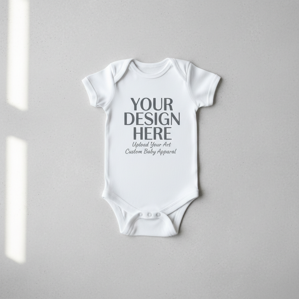 White short-sleeve baby onesie with 'YOUR DESIGN HERE' front print