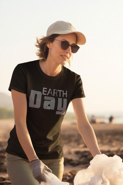Black T-shirt with rhinestone 'Earth Day' text on front.