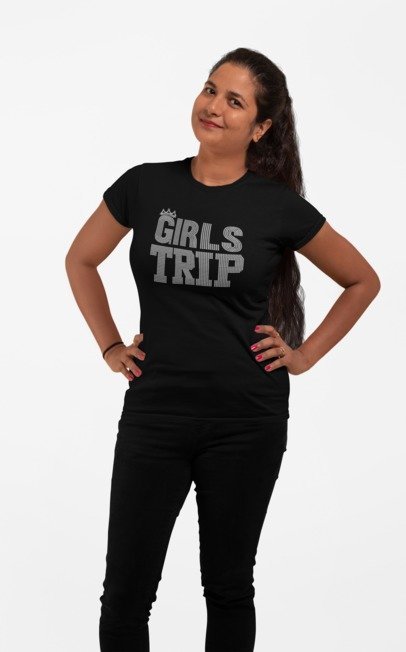 Black short-sleeve T-shirt with rhinestone 'GIRLS TRIP' front graphic