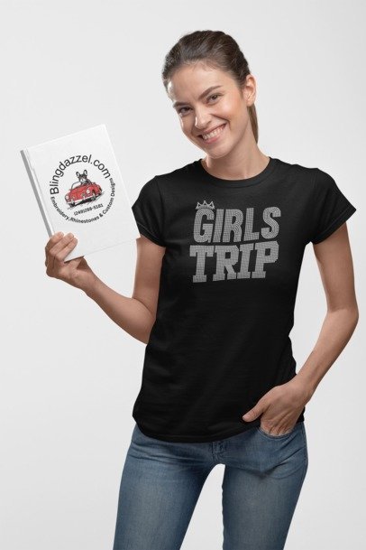 Black T-shirt with rhinestone 'GIRLS TRIP' front graphic, crew neck
