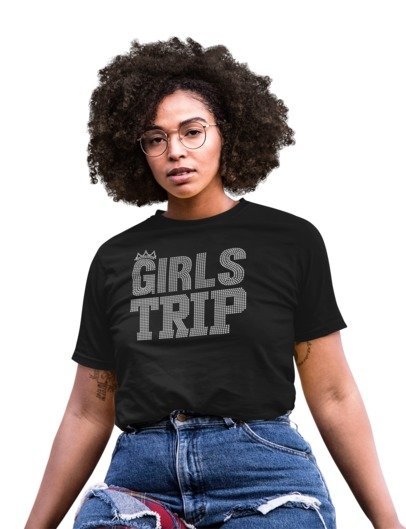 Black crew-neck T-shirt with rhinestone 'GIRLS TRIP' front graphic
