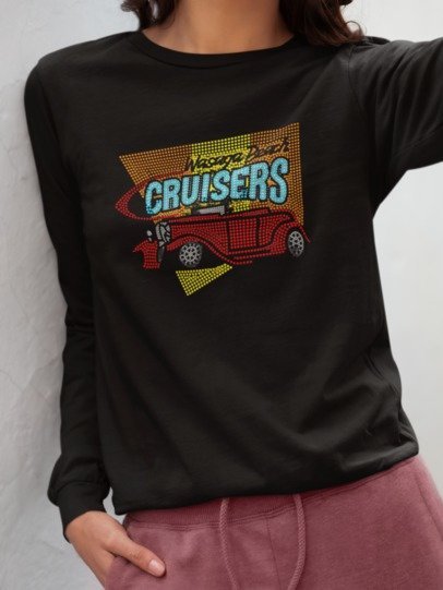 Black long-sleeve crewneck shirt with jeweled Cruisers logo front