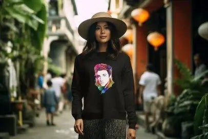A woman wearing a wide-brimmed straw hat and a black long-sleeve sweatshirt with a colorful graphic print of a man's face, standing in a blurred outdoor alleyway with orange lanterns and green plants.