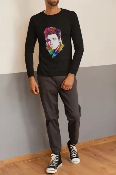 Black long-sleeve crew graphic shirt with colorful portrait print on chest
