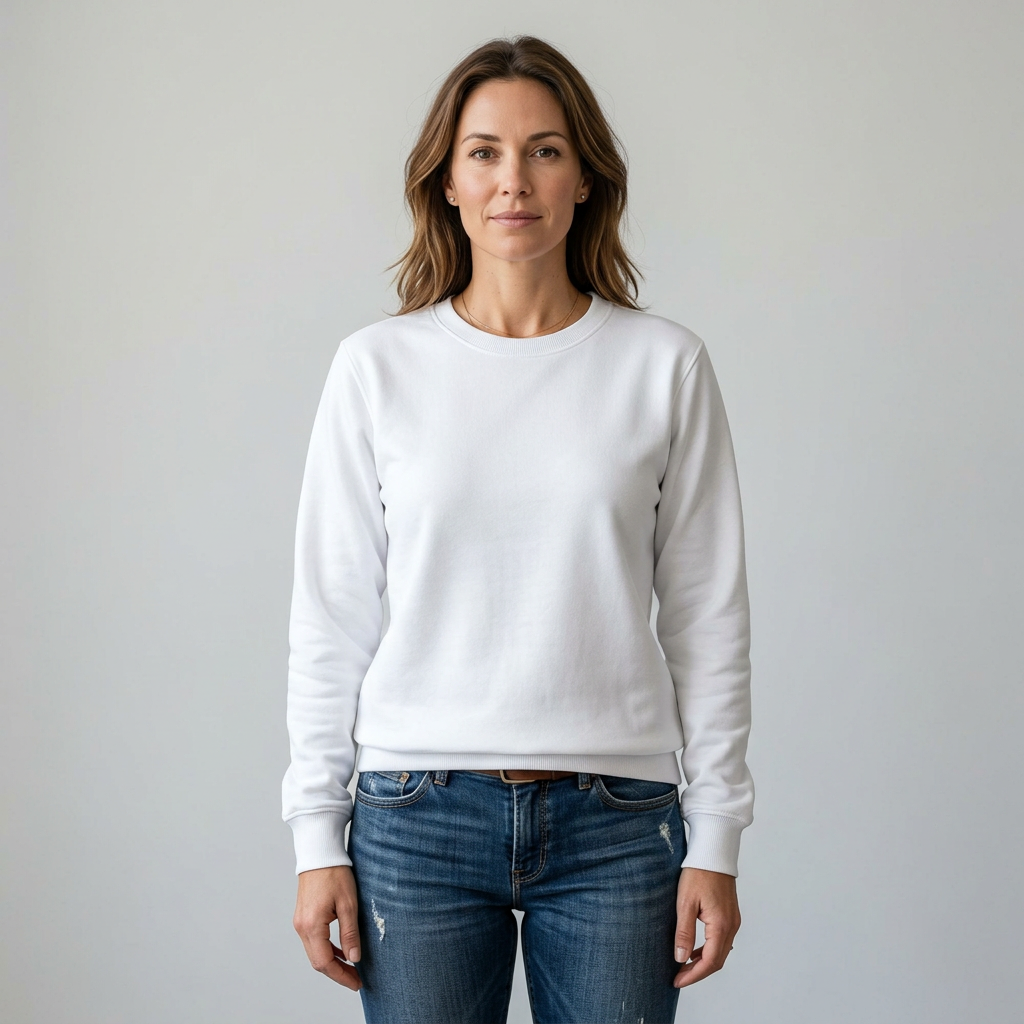 White crew neck sweatshirt with long sleeves, ribbed cuffs and hem.