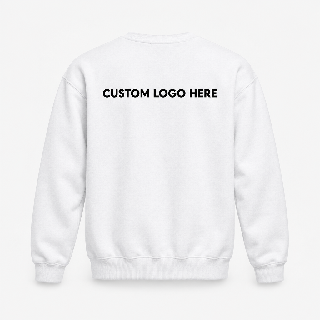 White crew neck sweater, full back with custom logo print