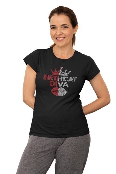 Blingdazzel “Birthday Diva” Rhinestone T-Shirt – Sparkle Birthday Shirt for Women | Glam Party Tee Black
