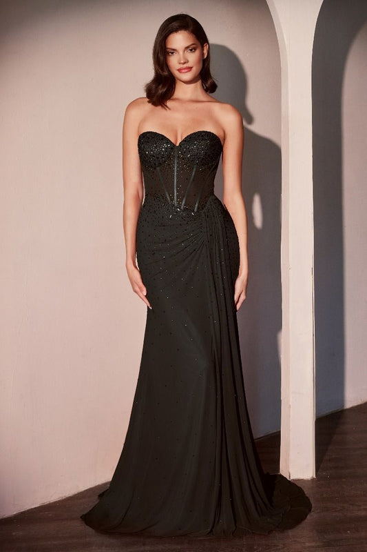 FITTED STRAPLESS STRETCH NET RHINESTONE SCATTERED DRESS Black