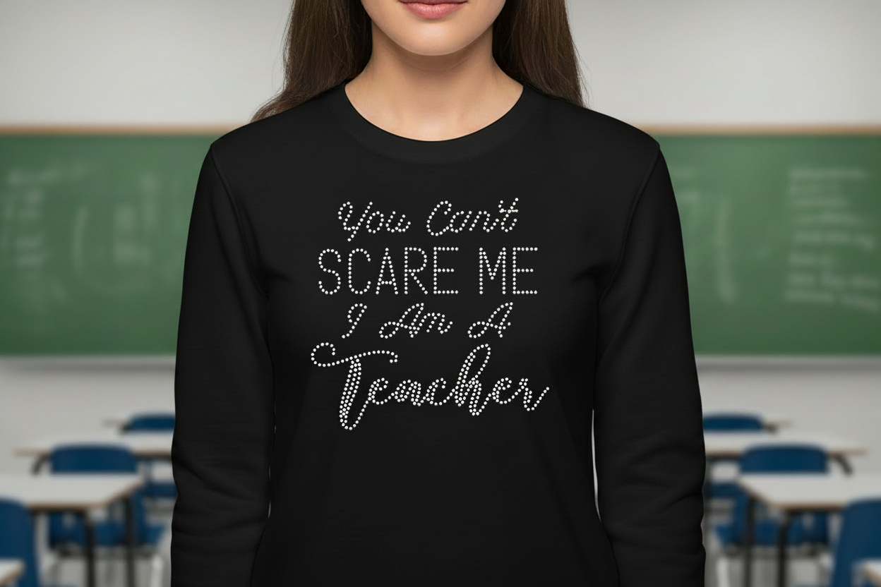You Can't Scare Me I'm a Teacher Rhinestone Shirt – Bling Teacher Apparel Canada | Blingdazzel