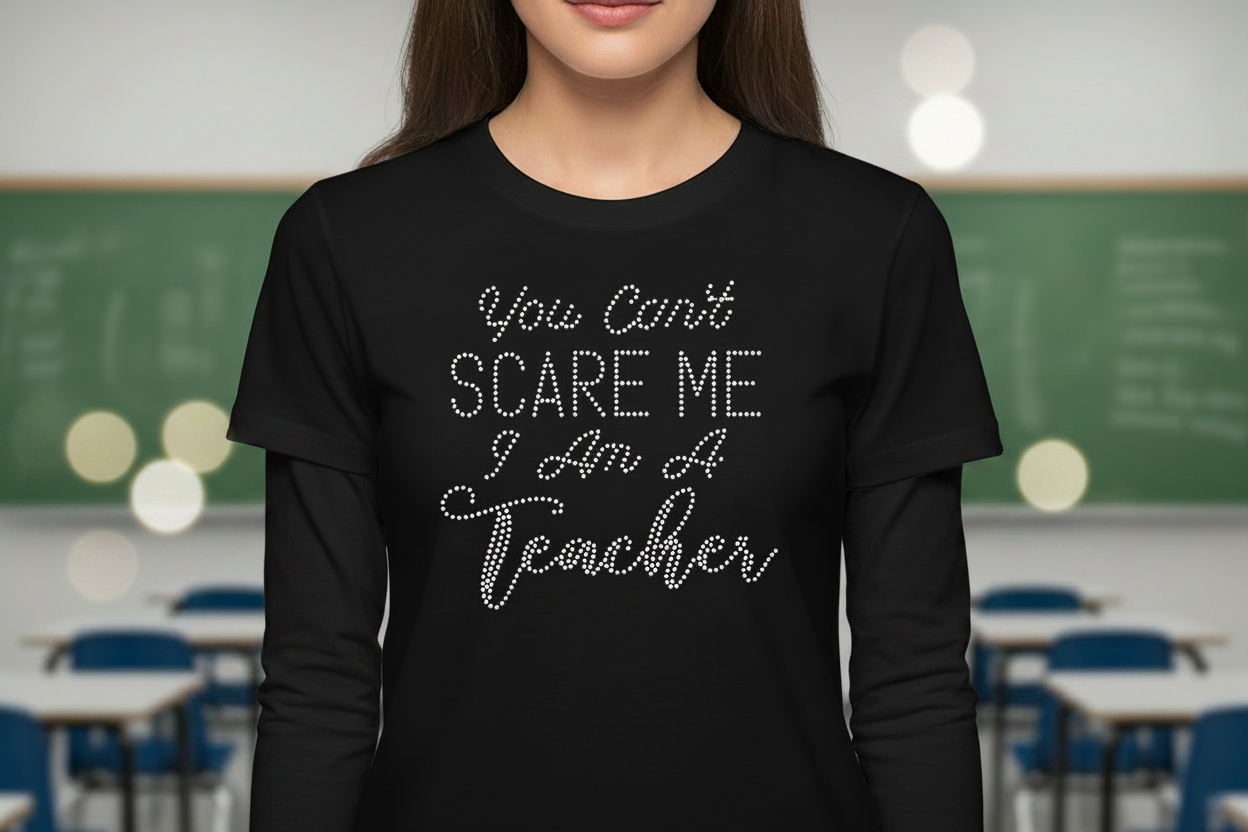 You Can't Scare Me I'm a Teacher Rhinestone Shirt – Bling Teacher Apparel Canada | Blingdazzel
