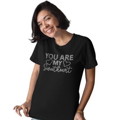 Woman wearing a black t-shirt with 'You are my sweetheart' text on a white background
