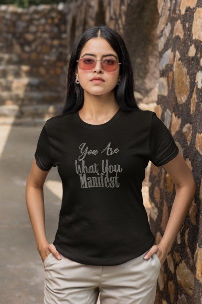 You Are What You Manifest Rhinestone Shirt – Manifestation Sparkle Tee | Blingdazzel T-shirt Black
