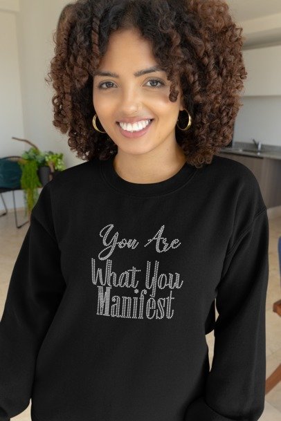 You Are What You Manifest Rhinestone Shirt – Manifestation Sparkle Tee | Blingdazzel Crew Neck Sweater Black