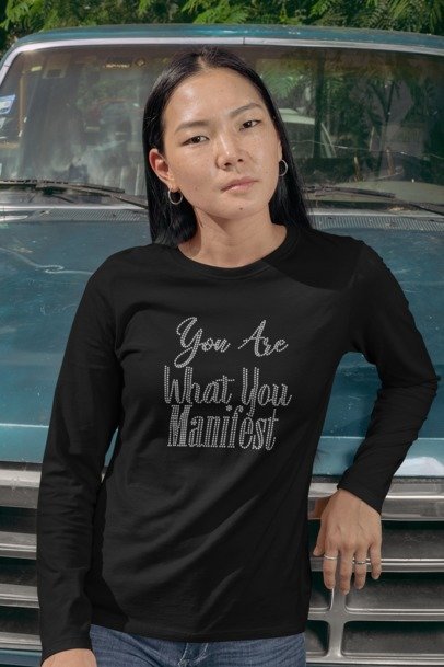 You Are What You Manifest Rhinestone Shirt – Manifestation Sparkle Tee | Blingdazzel Long Sleeve T-shirt Black