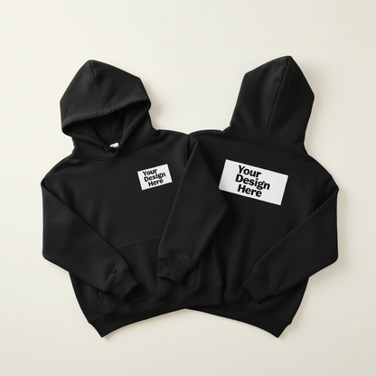 Black youth hoodie pullover, hood and kangaroo pocket, logo on chest