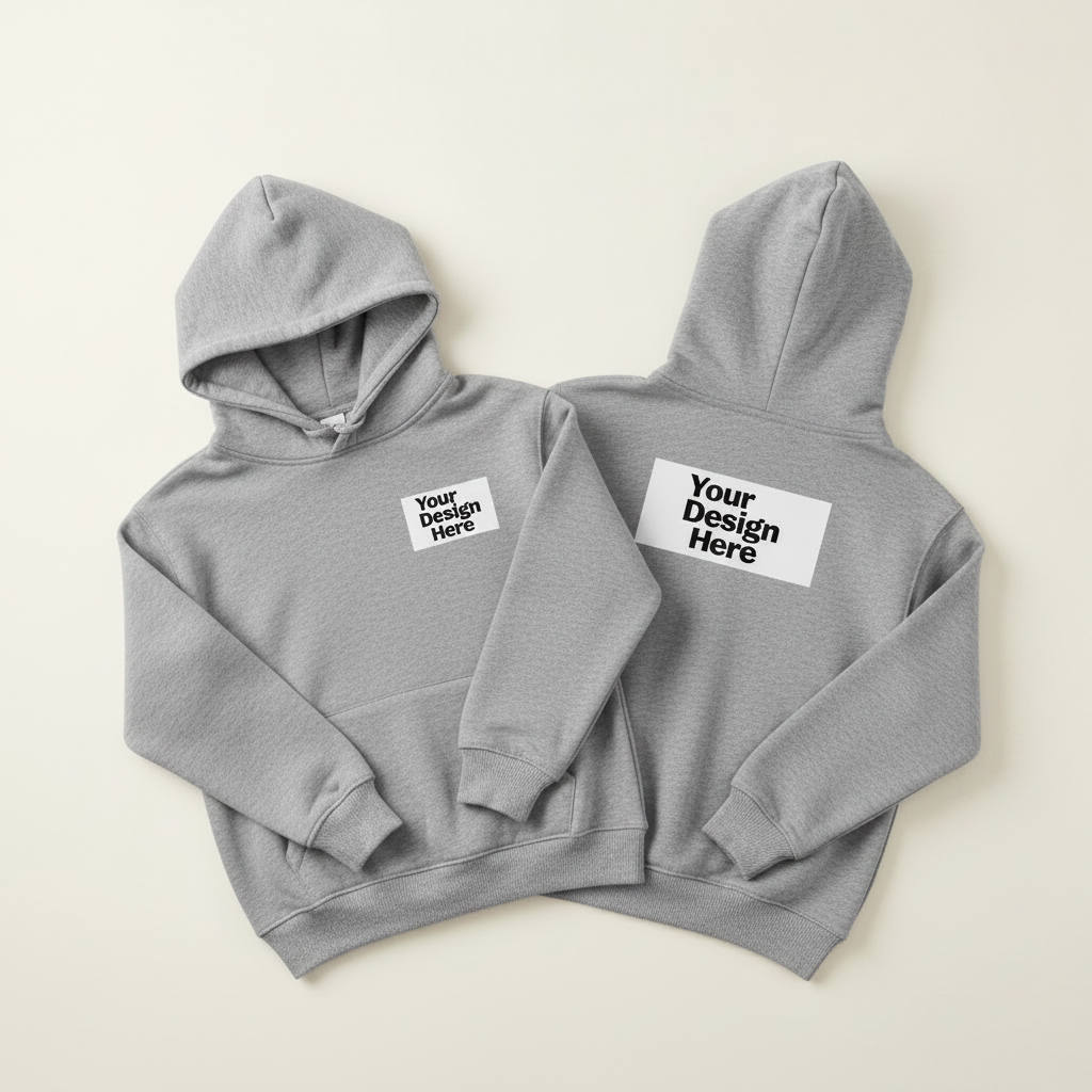 Gray youth hoodie pullover, hood and kangaroo pocket, logo on chest