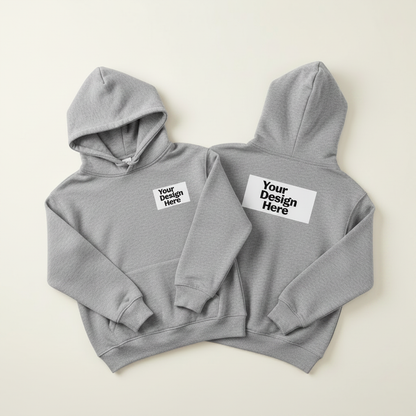 Gray youth hoodie pullover, hood and kangaroo pocket, logo on chest