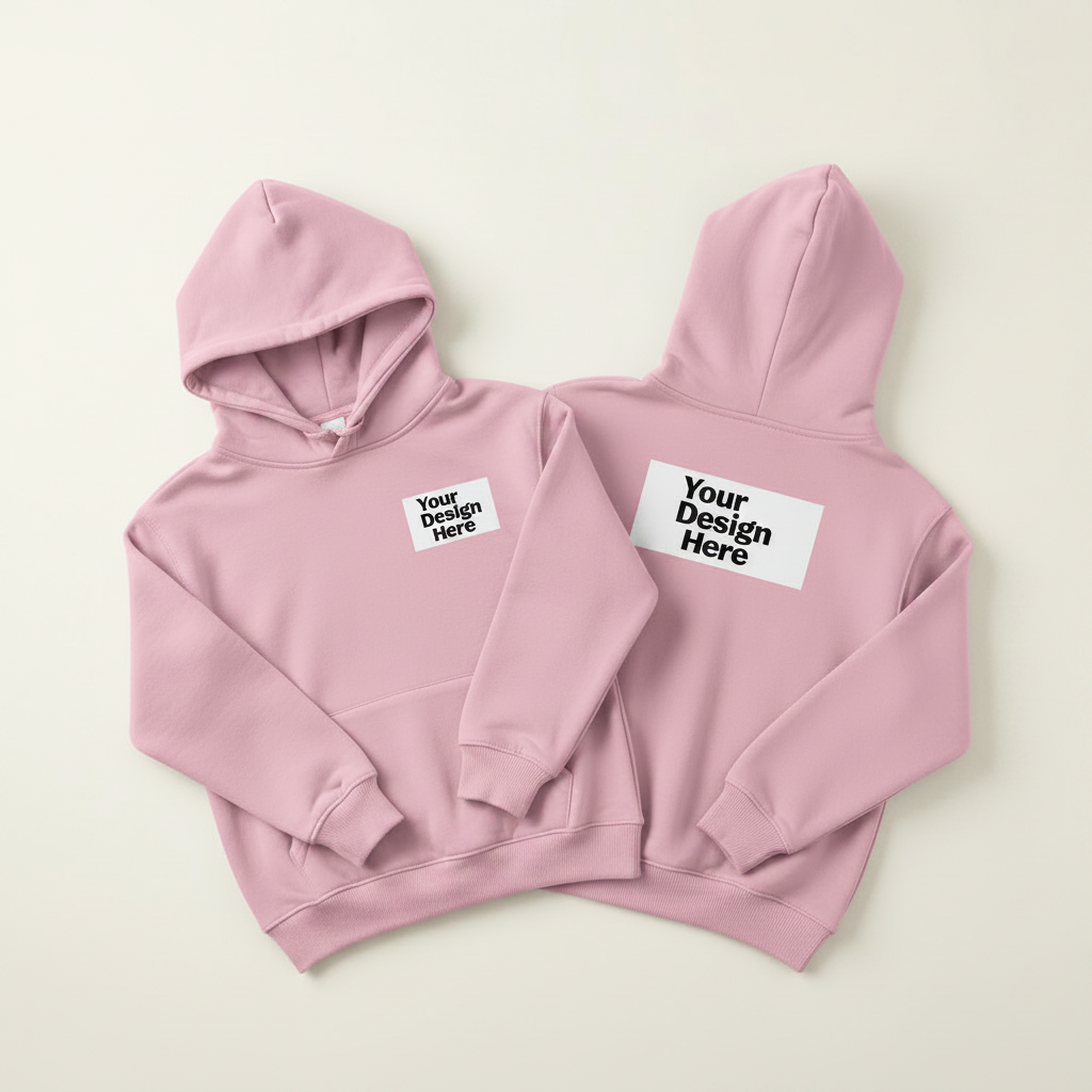 Pink youth hoodie pullover, hood and kangaroo pocket, logo on chest