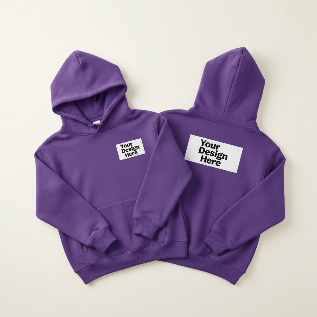 Purple youth hoodie pullover, hood and kangaroo pocket, logo on chest