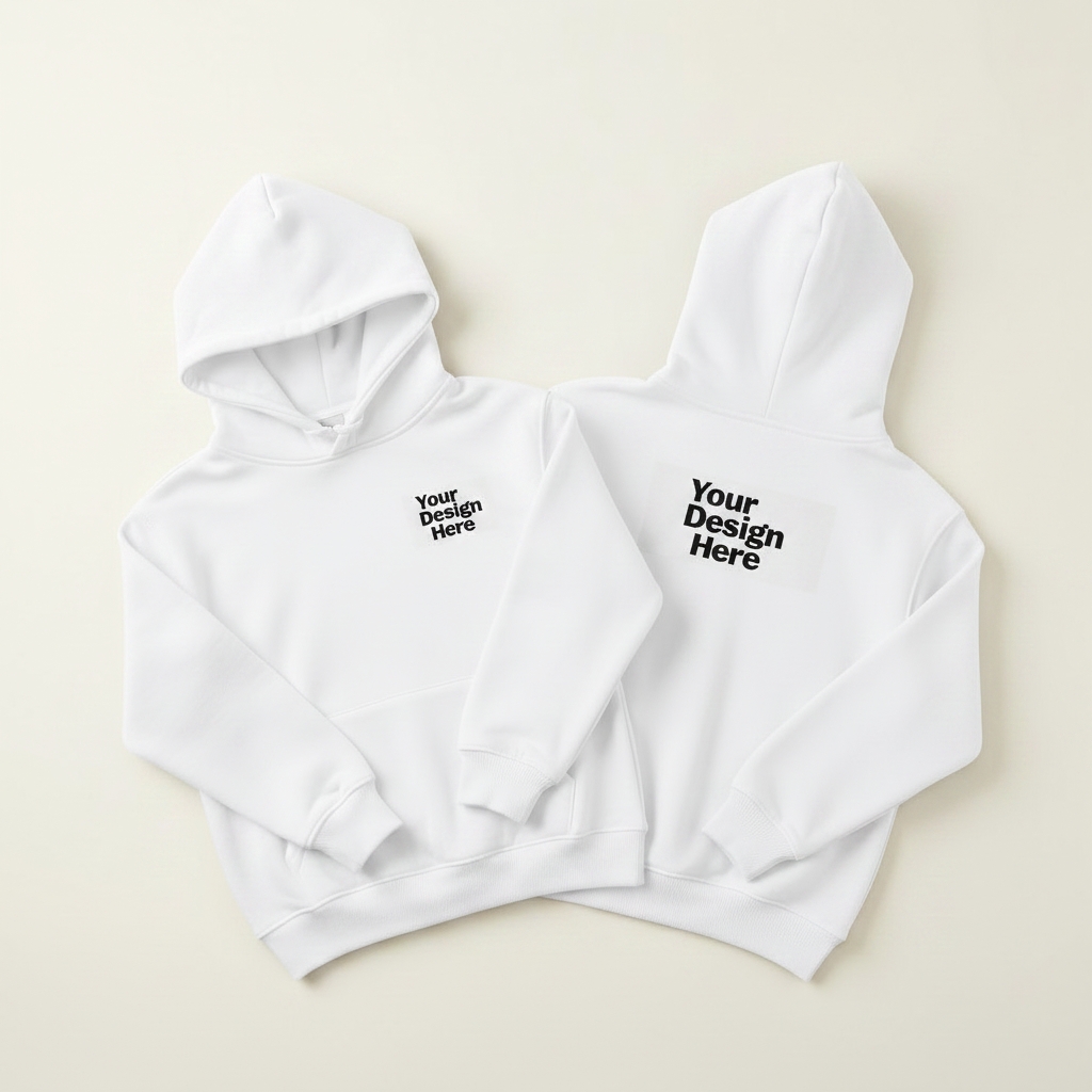 White youth hoodie pullover, hood and kangaroo pocket, logo on chest