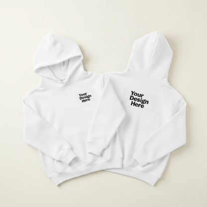White youth hoodie pullover, hood and kangaroo pocket, logo on chest