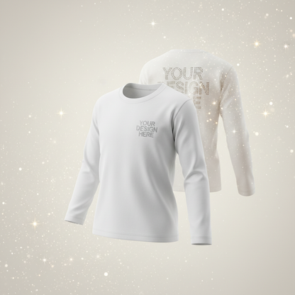 Youth long sleeve t-shirt, white, with 'YOUR DESIGN HERE' on front and back